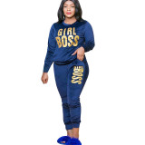 Velvet letter printing fashion casual two-piece plus size womens suit OSS20865