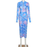womens Long Sleeve Half-open Collar Fashion Slim Printed Pack Hip Dress D1738259