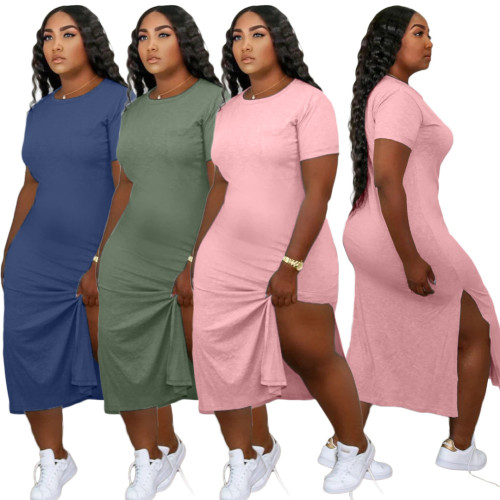 womens dress with split hem solid color loose HHM6332