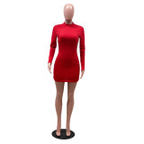 Pure color high stretch long sleeve sexy backless nightclub style dress YF8109