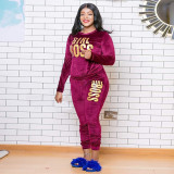 Velvet letter printing fashion casual two-piece plus size womens suit OSS20865