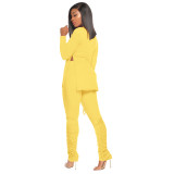 Fashion piled sleeves solid color long-sleeved pleated pants suit (without mask) QQ5206