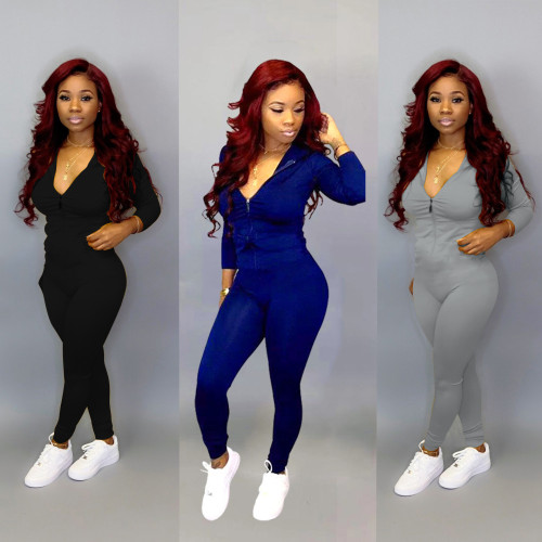 Solid color front zipper body shaping long-sleeved jumpsuit LY5866