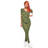 Casual solid color top v-neck T-sleeve simple home pencil pants trousers two-piece suit women CCY8636