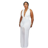 V-neck sexy bare chest solid color chiffon Womens plus size jumpsuit CCY1200