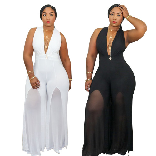 V-neck sexy bare chest solid color chiffon Womens plus size jumpsuit CCY1200