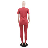 Casual solid color top v-neck T-sleeve simple home pencil pants trousers two-piece suit women CCY8636