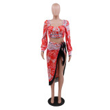 National style long sleeve tube top short sexy blouse retro print tassel skirt two-piece CCY8648