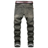 Stretch ripped jeans light green slim mens trousers TX318