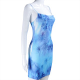 Womens tie-dye sling one-word neck wrap chest open back dress skirt A20295D