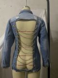 Frayed mid-length denim jacket womens back chain denim trench coat CJ928