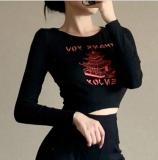 Round neck slim top long sleeve letter construction printing T-shirt women 27057P