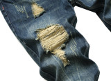 Dark blue ripped autumn and winter cotton mens casual nostalgic denim trousers TX898