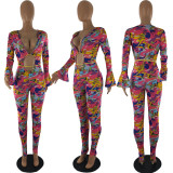 Womens Sexy Printed Hollow Tie Long Sleeve Jumpsuit S6242