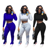 womens fashion casual pleated split trousers long sleeve two-piece suit W8319