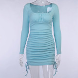 Side drawstring long sleeve dress women sexy wind sky blue all-match one-step skirt FLY27056