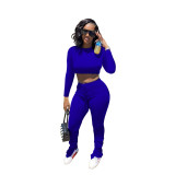 womens fashion casual pleated split trousers long sleeve two-piece suit W8319