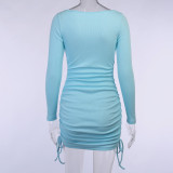 Side drawstring long sleeve dress women sexy wind sky blue all-match one-step skirt FLY27056