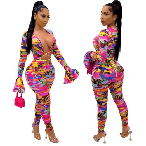 Womens Sexy Printed Hollow Tie Long Sleeve Jumpsuit S6242