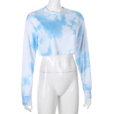 Tie-dye printing loose casual short long-sleeved basic sweater T-shirt women HT2375W0E