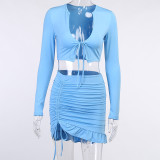 Fashion sexy deep V tie long sleeve top pleated hip skirt suit XE22329P