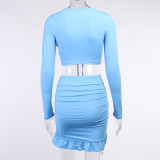 Fashion sexy deep V tie long sleeve top pleated hip skirt suit XE22329P