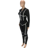 Womens fashion casual solid color hooded zipper long-sleeved jacket trousers sports two-piece suit SM9110