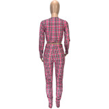 Fashion casual sexy plaid print trousers pleated nightclub style slim long-sleeved trousers two-piece suit SM9108