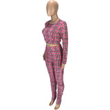 Fashion casual sexy plaid print trousers pleated nightclub style slim long-sleeved trousers two-piece suit SM9108