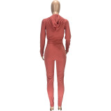 Womens fashion casual solid color hooded zipper long-sleeved jacket trousers sports two-piece suit SM9110