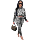 Drop-shoulder long-sleeved tie-dye letter hooded casual two-piece suit ZSC0315-2