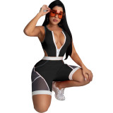 Sexy slim-fit zipper mesh see-through color-blocking jumpsuit KA7120