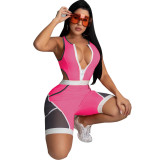 Sexy slim-fit zipper mesh see-through color-blocking jumpsuit KA7120