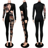 Nightclub wear sexy hollow leopard print asymmetric stitching jumpsuit GL6297
