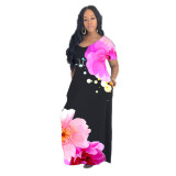 Ladies V-neck pocket floral large print dress FS3515
