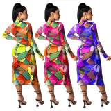 Personalized Womens sexy tie-dye long-sleeved dress with tie MG1027