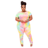 Womens plus size tie-dye long pants with pleated two-piece suit BD8017