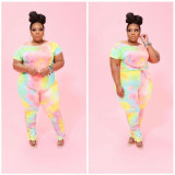 Womens plus size tie-dye long pants with pleated two-piece suit BD8017