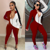 Womens sexy casual hit color zipper long-sleeved jumpsuit FS3566