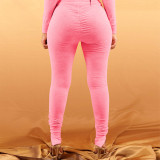 womens solid color zipper long-sleeved trousers sports suit two-piece cotton QQM4096