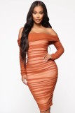 Solid color sexy slim party long-sleeved one-shoulder pleated dress KLY1225