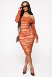 Solid color sexy slim party long-sleeved one-shoulder pleated dress KLY1225
