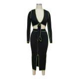 Skirt suit stitching sexy solid color leisure home long sleeve two-piece suit MY9701