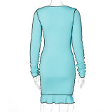 Contrasting color round neck dress women fashion long sleeve slim fit hip skirt D082823A
