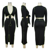 Skirt suit stitching sexy solid color leisure home long sleeve two-piece suit MY9701