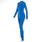 womens zipper stitching long sports fitness jumpsuit P072669A