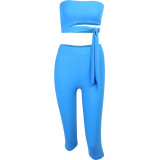 Lace-up tube top, one-way neckline, waist cutout cropped pants suit, sports suit FLY27108P