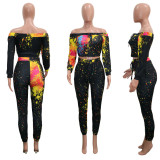 Casual graffiti printed sports trousers two-piece suit women SN3868