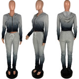 womens Sweatshirt Gradient Color Pleated Split Hoodie Sports Set ZH5268