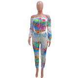 Casual graffiti printed sports trousers two-piece suit women SN3868
